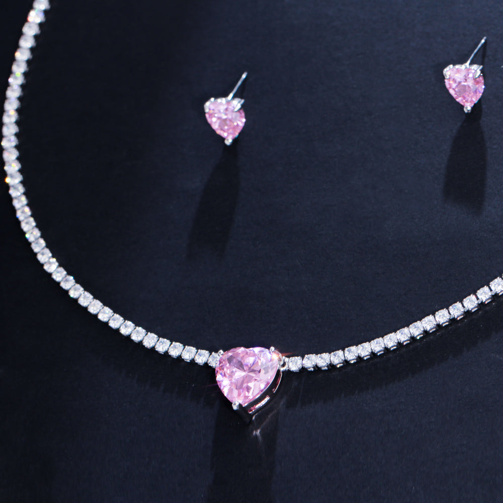 Cute Romantic Love Heart Shape Pink Cubic Zirconia Crystal  Jewelry Set