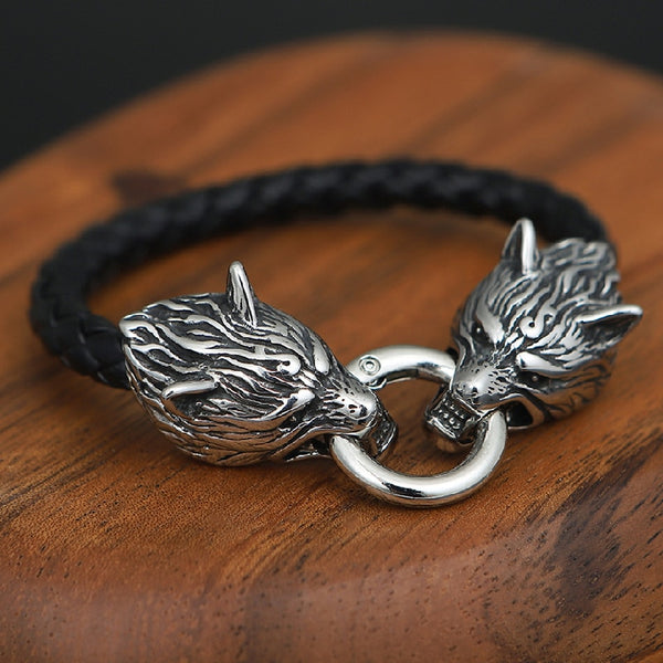 Pulseras de cuerda de cuero con cabeza de lobo de vikingos punk