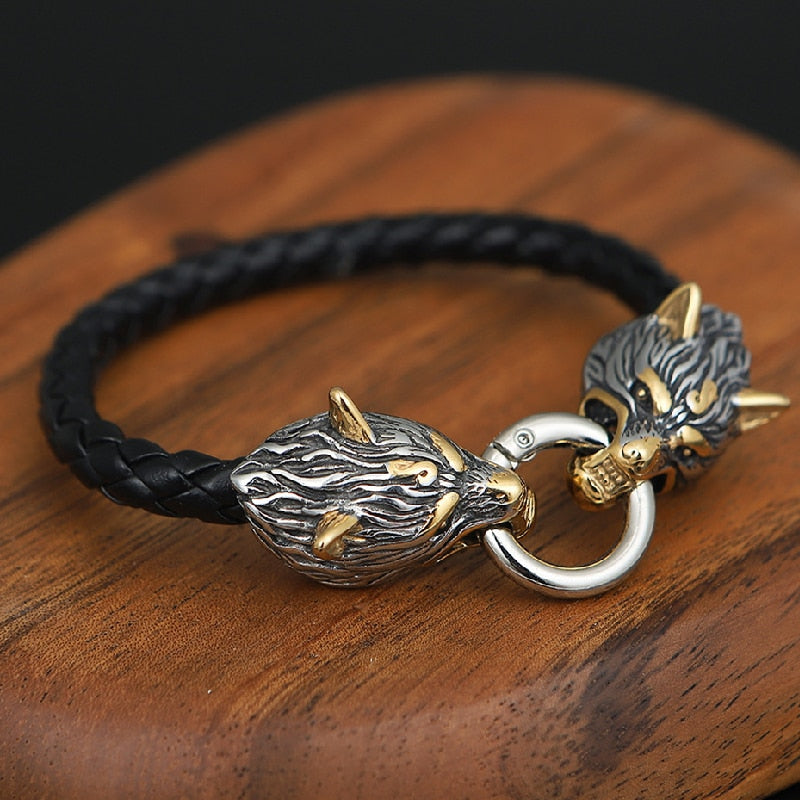 Punk Vikings Wolf Head Leather Rope Bracelets