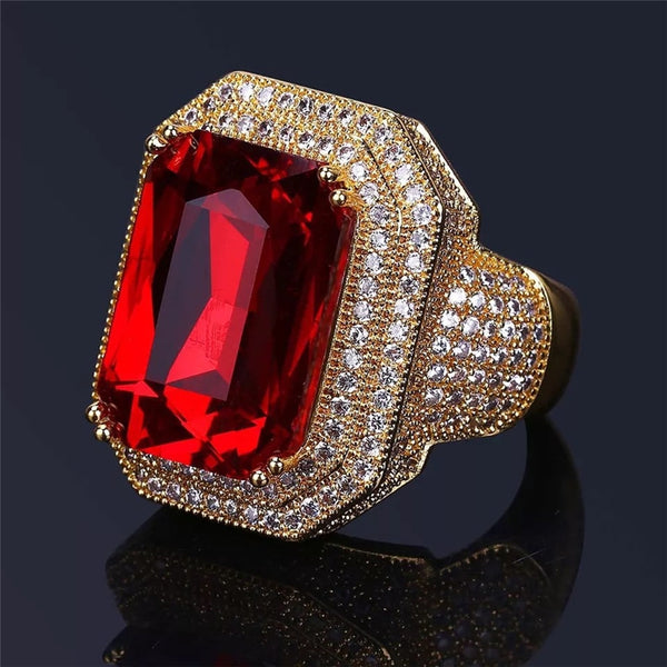 Anillo geométrico grande de circonita roja ancha para hombre.