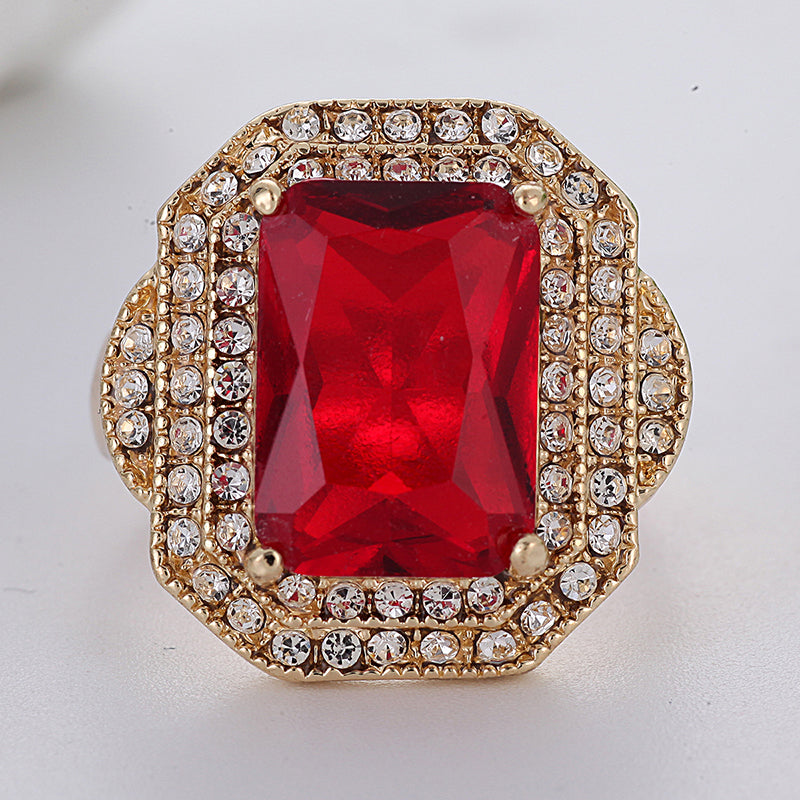 Fashion Big Male Wide Red Zircon Stone Geometric Ring