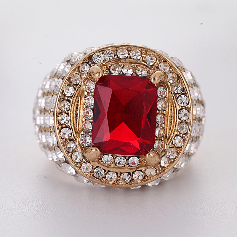 Fashion Big Male Wide Red Zircon Stone Geometric Ring