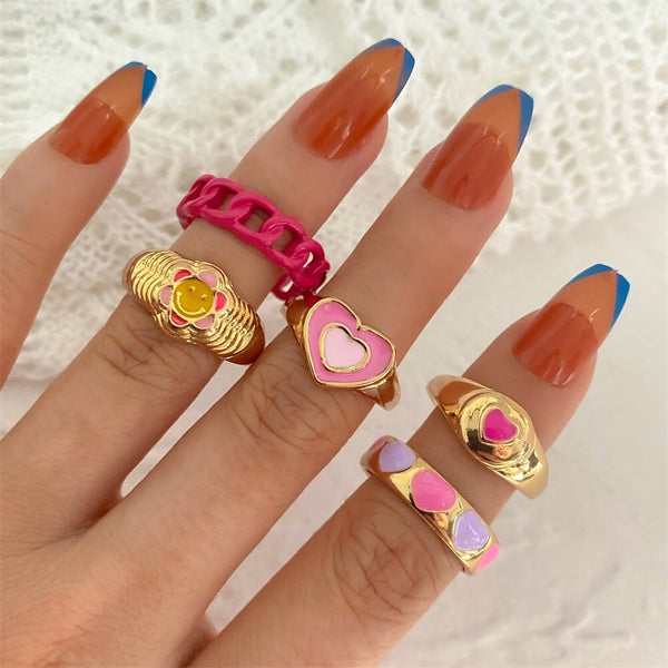 Juego de 5 anillos de metal rosa punk para mujer