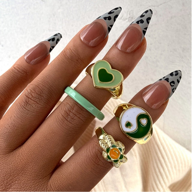 Colorful Heart Y2K Ring Set