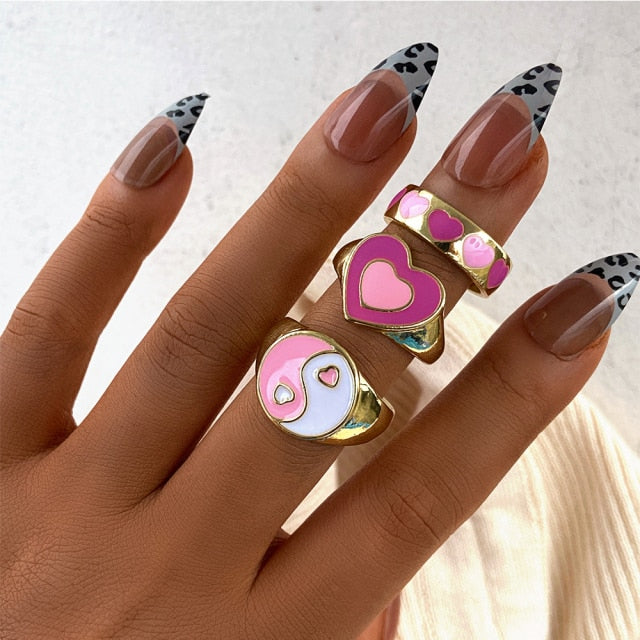 Colorful Heart Y2K Ring Set