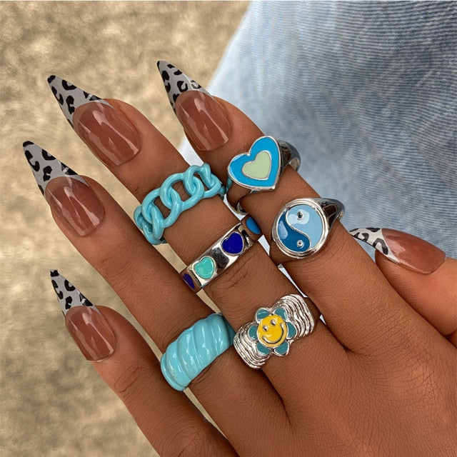 Colorful Heart Y2K Ring Set