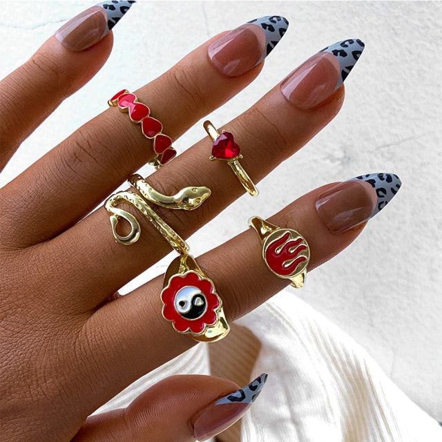 Colorful Heart Y2K Ring Set