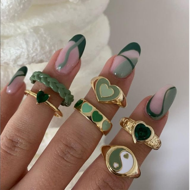 Colorful Heart Y2K Ring Set