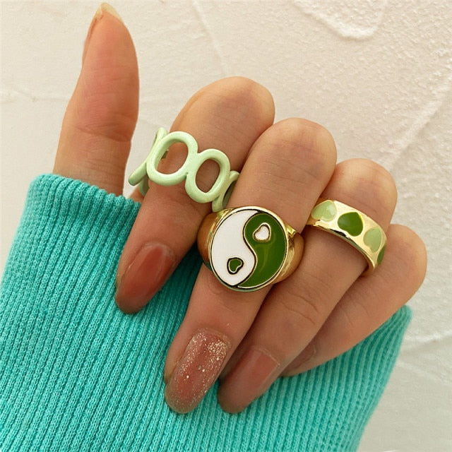 Colorful Heart Y2K Ring Set