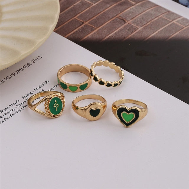 Colorful Heart Y2K Ring Set