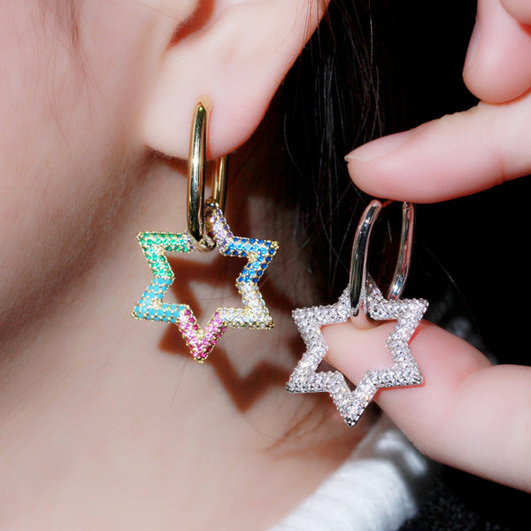 Unique Dangle Big Colorful Hollow Star Shape CZ Zircon Gold Color Hoop Earrings