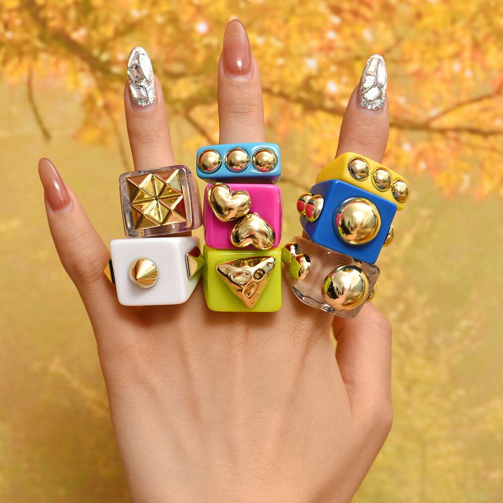 Fashion Multicolor Resin Acrylic Geometric Square Ring Set