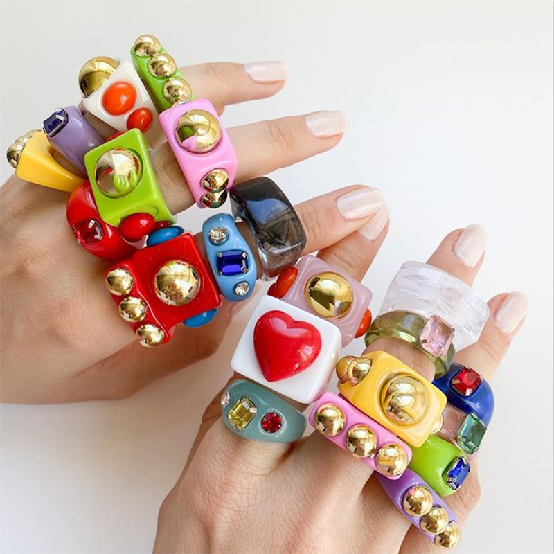 Fashion Multicolor Resin Acrylic Geometric Square Ring Set