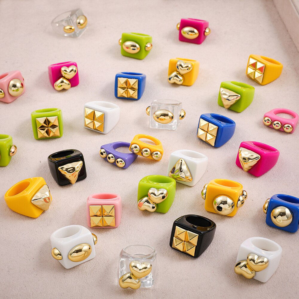 Fashion Multicolor Resin Acrylic Geometric Square Ring Set