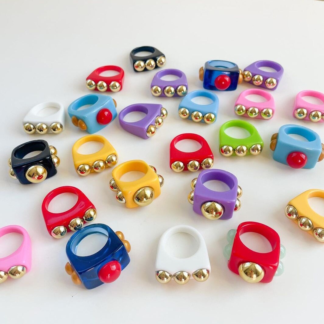 Fashion Multicolor Resin Acrylic Geometric Square Ring Set