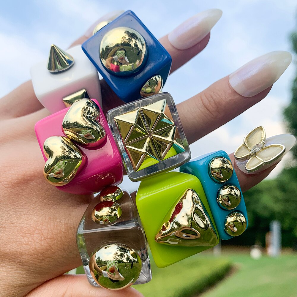 Fashion Multicolor Resin Acrylic Geometric Square Ring Set