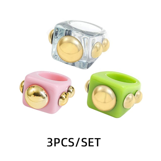 Fashion Multicolor Resin Acrylic Geometric Square Ring Set