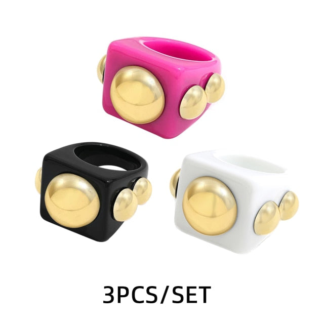 Fashion Multicolor Resin Acrylic Geometric Square Ring Set
