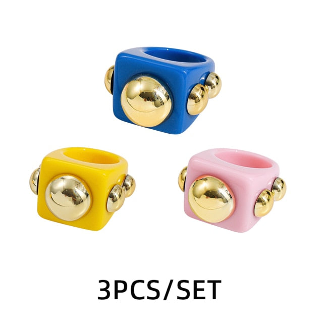 Fashion Multicolor Resin Acrylic Geometric Square Ring Set