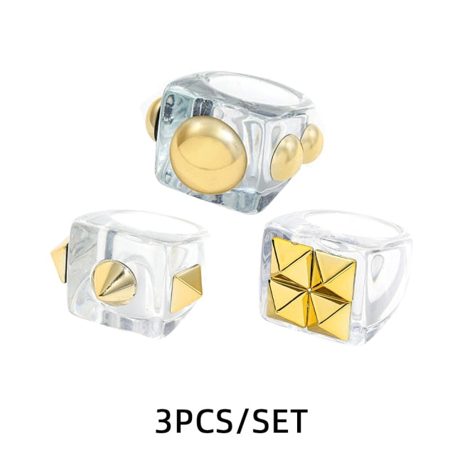 Fashion Multicolor Resin Acrylic Geometric Square Ring Set