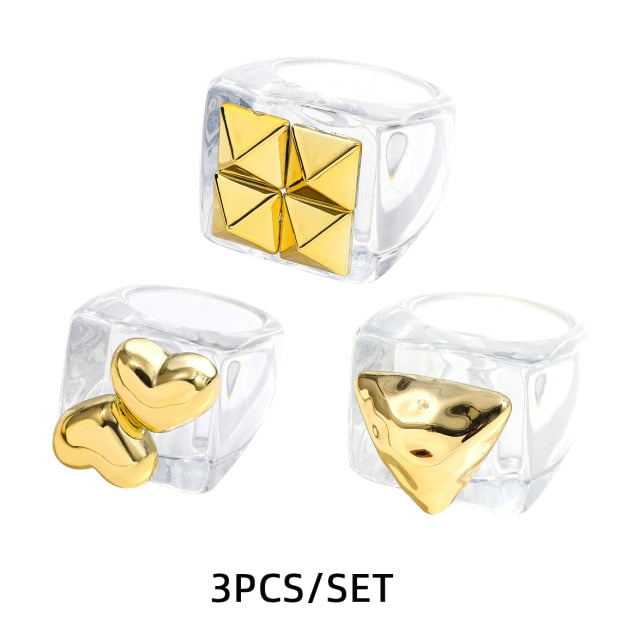Fashion Multicolor Resin Acrylic Geometric Square Ring Set