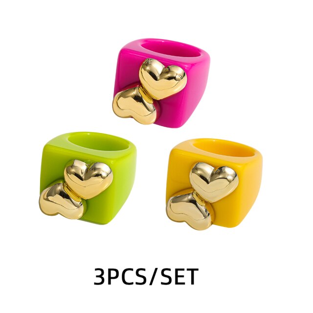 Fashion Multicolor Resin Acrylic Geometric Square Ring Set