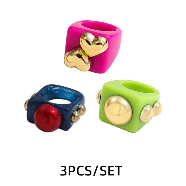 Fashion Multicolor Resin Acrylic Geometric Square Ring Set
