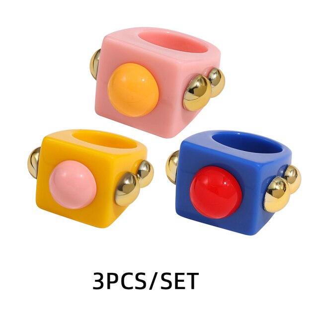 Fashion Multicolor Resin Acrylic Geometric Square Ring Set