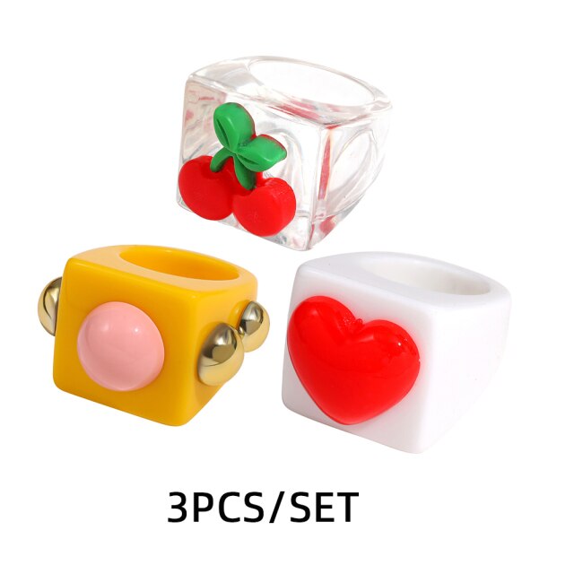 Fashion Multicolor Resin Acrylic Geometric Square Ring Set