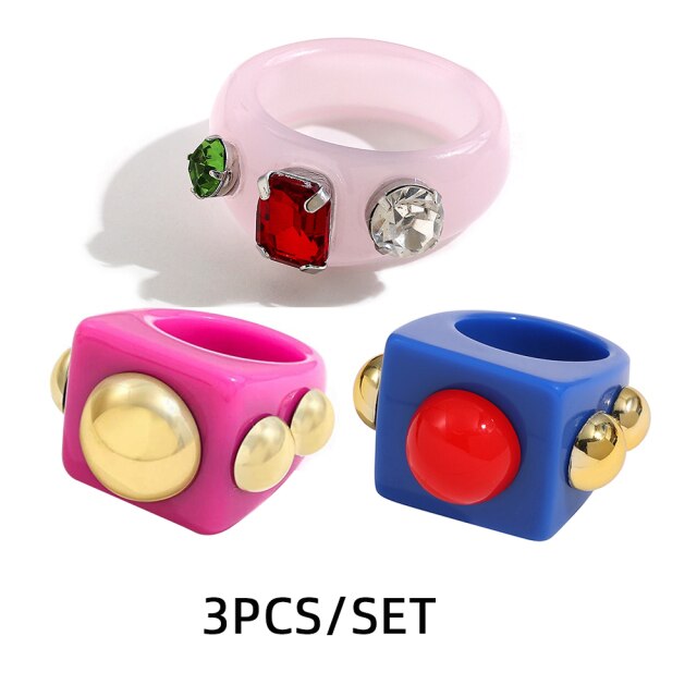 Fashion Multicolor Resin Acrylic Geometric Square Ring Set