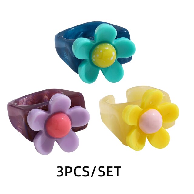Fashion Multicolor Resin Acrylic Geometric Square Ring Set