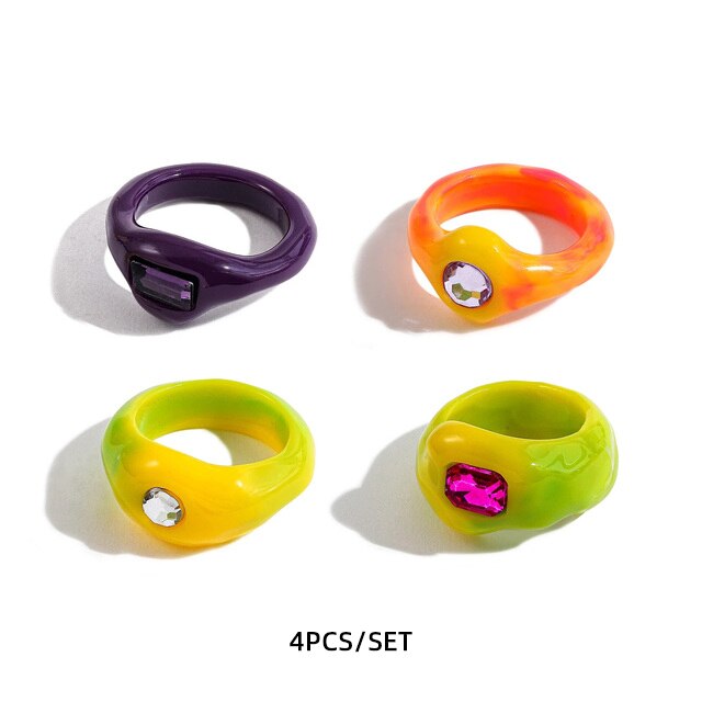 Fashion Multicolor Resin Acrylic Geometric Square Ring Set