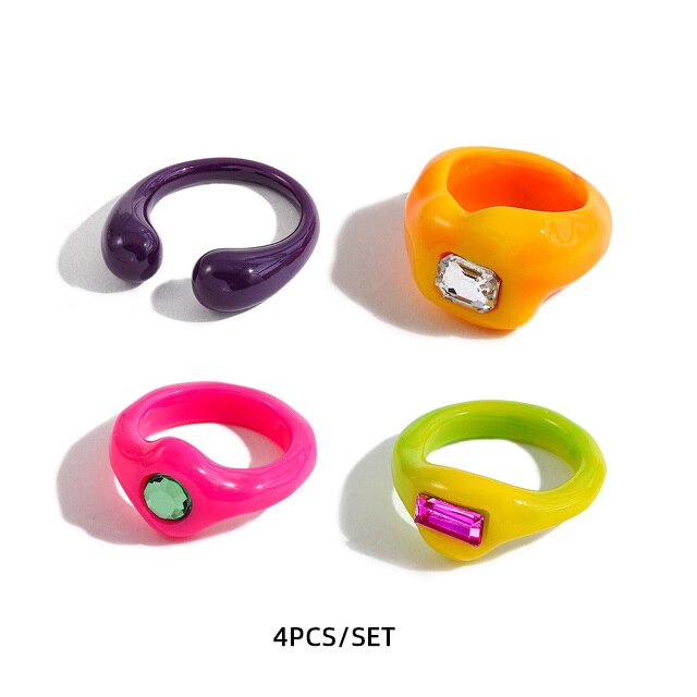 Fashion Multicolor Resin Acrylic Geometric Square Ring Set