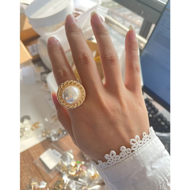 Big Imitation Pearls  Gold Color Metal Hollow  Rings