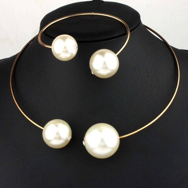 Huge Imitation Pearl Rhinestone Necklace Bangle Earrings Rings Jewelry Sets