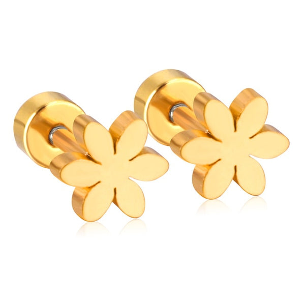 Stainless Steel Flower Earrings Gold Color Cute Screw Stud Earrings