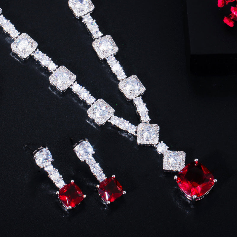 Cut Cubic Zirconia Delicate Red Round CZ Drop Earrings Necklace Set