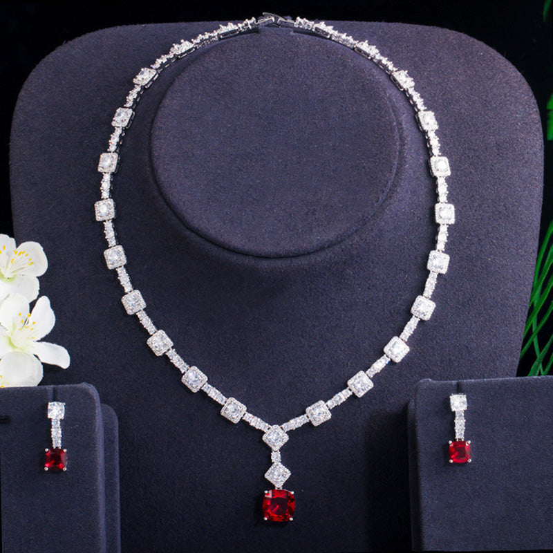 Cut Cubic Zirconia Delicate Red Round CZ Drop Earrings Necklace Set