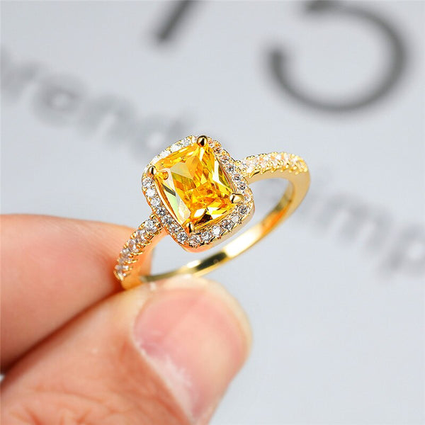 Luxury Female Yellow Crystal Stone Ring Classic Silver Color Wedding Rings