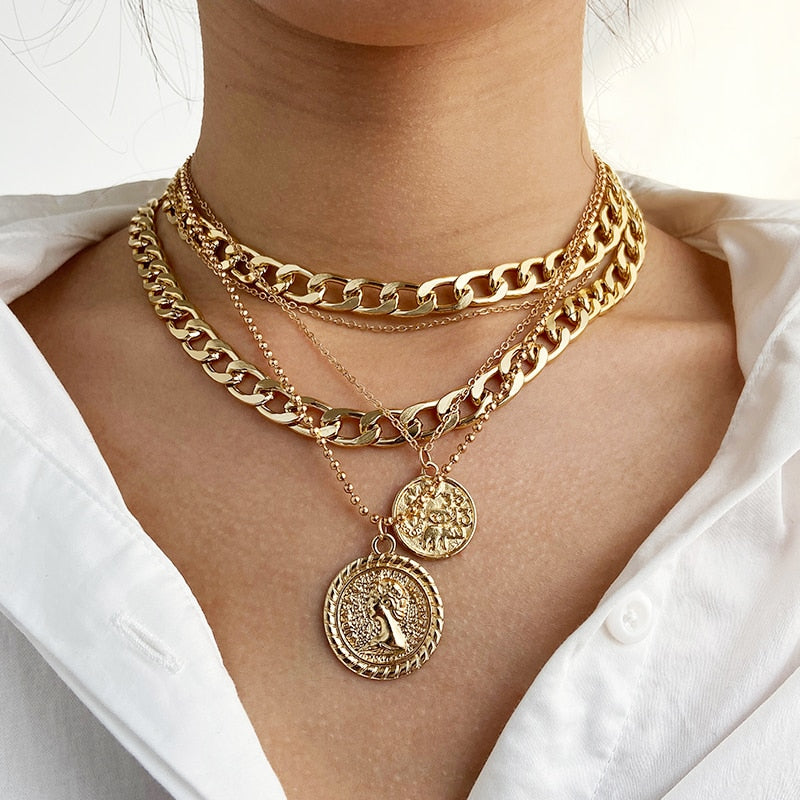 Fashion Multi Layer Lock Portrait Pendants Necklaces