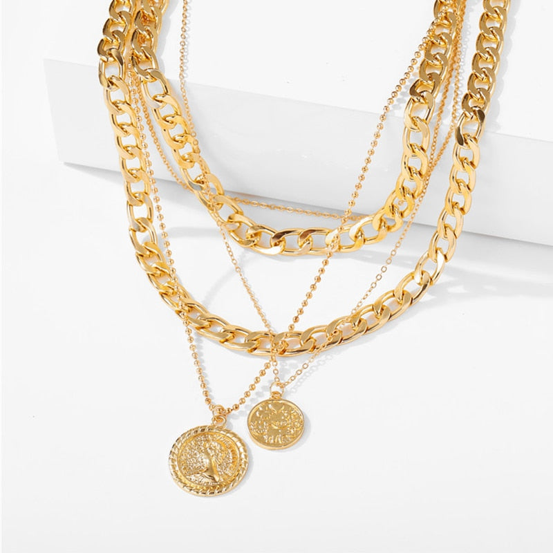 Fashion Multi Layer Lock Portrait Pendants Necklaces
