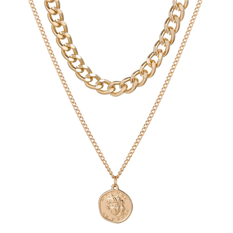 Fashion Multi Layer Lock Portrait Pendants Necklaces