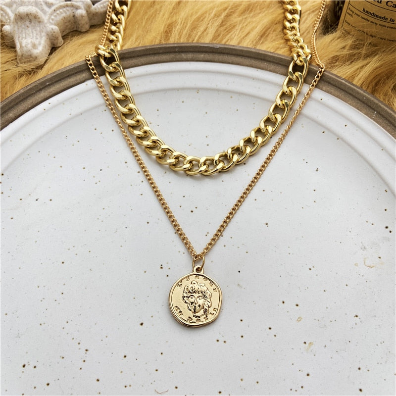 Fashion Multi Layer Lock Portrait Pendants Necklaces