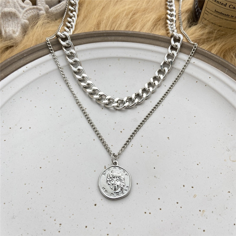 Fashion Multi Layer Lock Portrait Pendants Necklaces