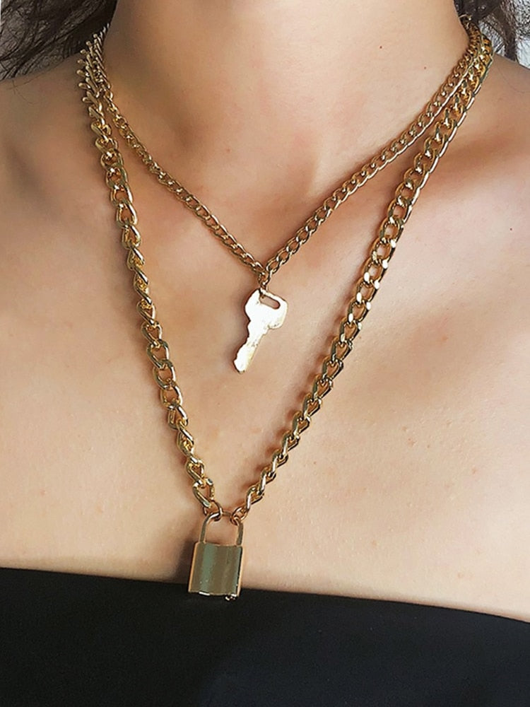 Fashion Multi Layer Lock Portrait Pendants Necklaces