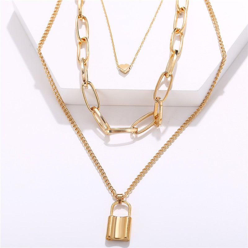 Fashion Multi Layer Lock Portrait Pendants Necklaces