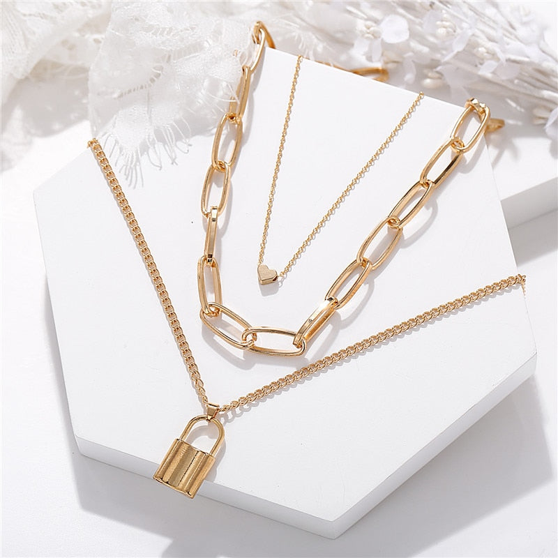 Fashion Multi Layer Lock Portrait Pendants Necklaces