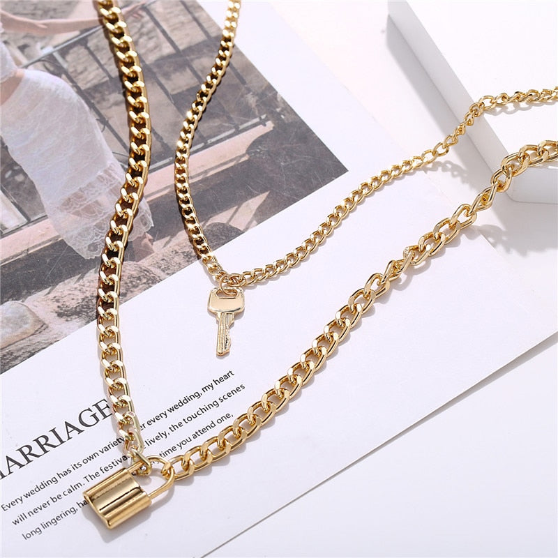 Fashion Multi Layer Lock Portrait Pendants Necklaces