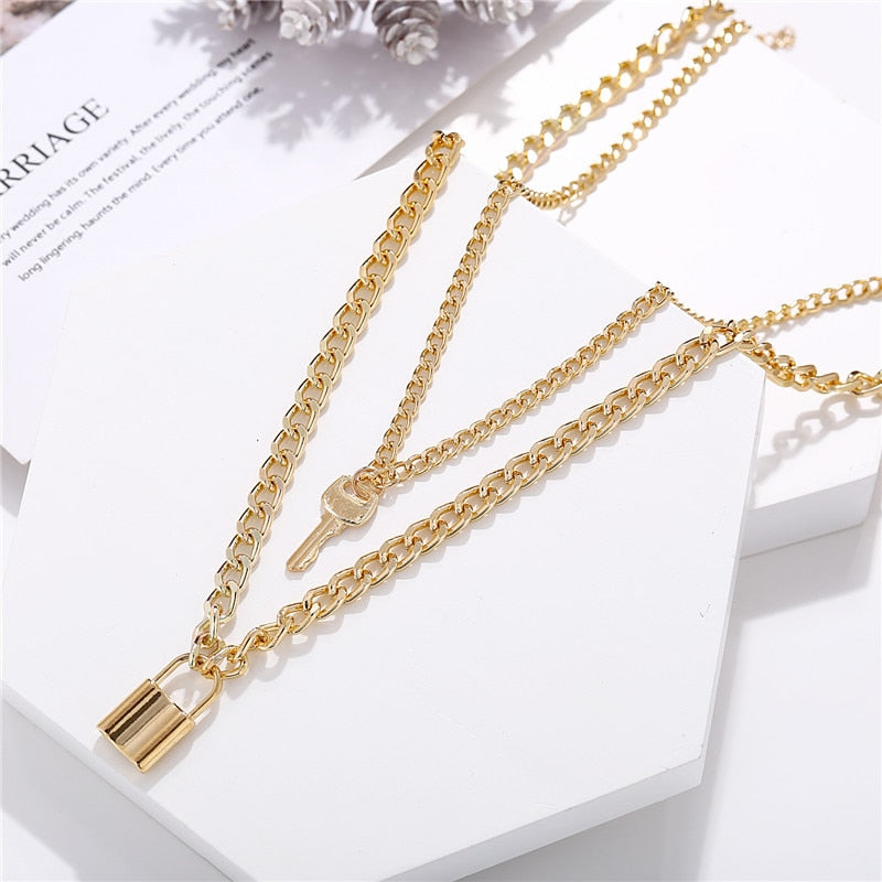 Fashion Multi Layer Lock Portrait Pendants Necklaces