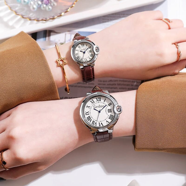 Reloj de cuarzo sencillo de lujo para parejas, informal, de cuero y zafiro blanco